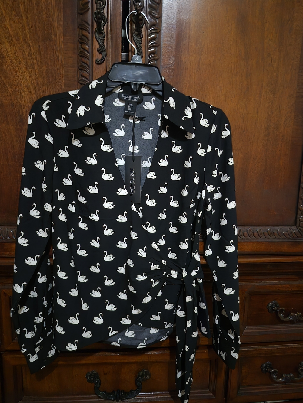 Rachel Zoe Black Blouse with White Swan Print